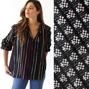 Ace & Jig Mia Long Sleeve Tie Pullover V-Neck Loose Fit Checkered Tunic